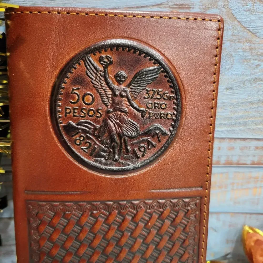 Centenario Western Wallet Basketweave Handtooled Real Leather Bifold Long Brown